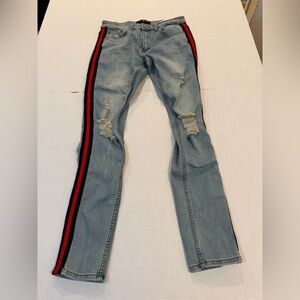 Serenede Men's Skinny Jeans with Red and Black Stripes